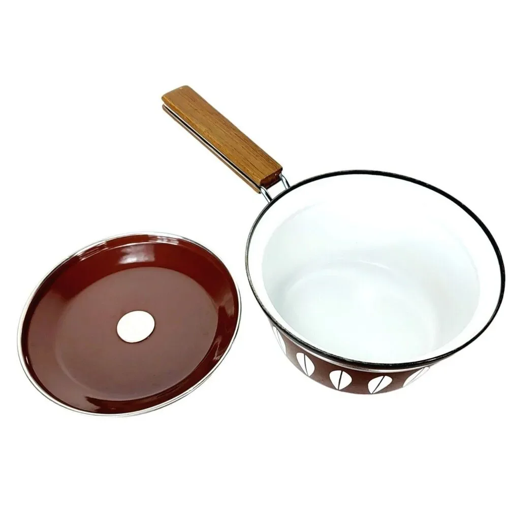Vintage MCM Catherine Holm of Norway Brown Lotus Enamelware Pot & Pan 7 Pc Set